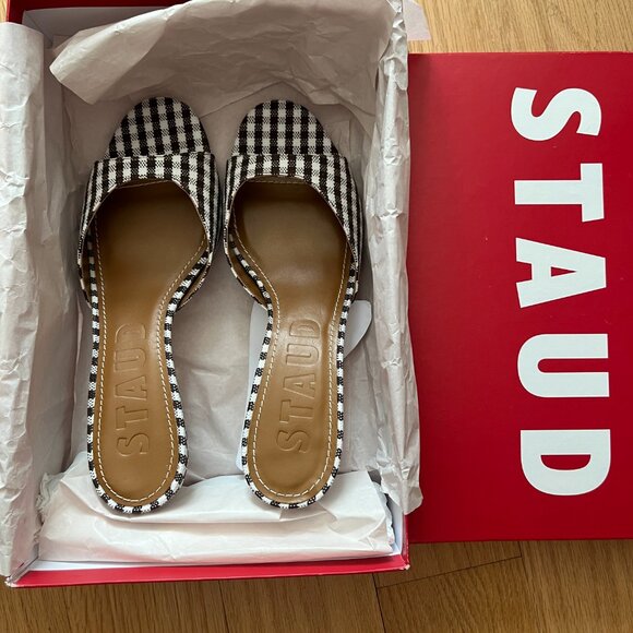 STAUD Brigitte Kitten Heel Mule in Chocolate Micro Check NIB, Size 39.5 - Picture 8 of 10